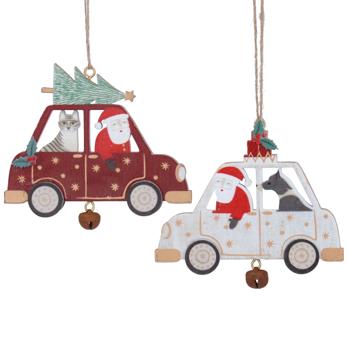 Christmas Hanging Dec: Wood Car Santa Flat - Red White - Gisela Graham