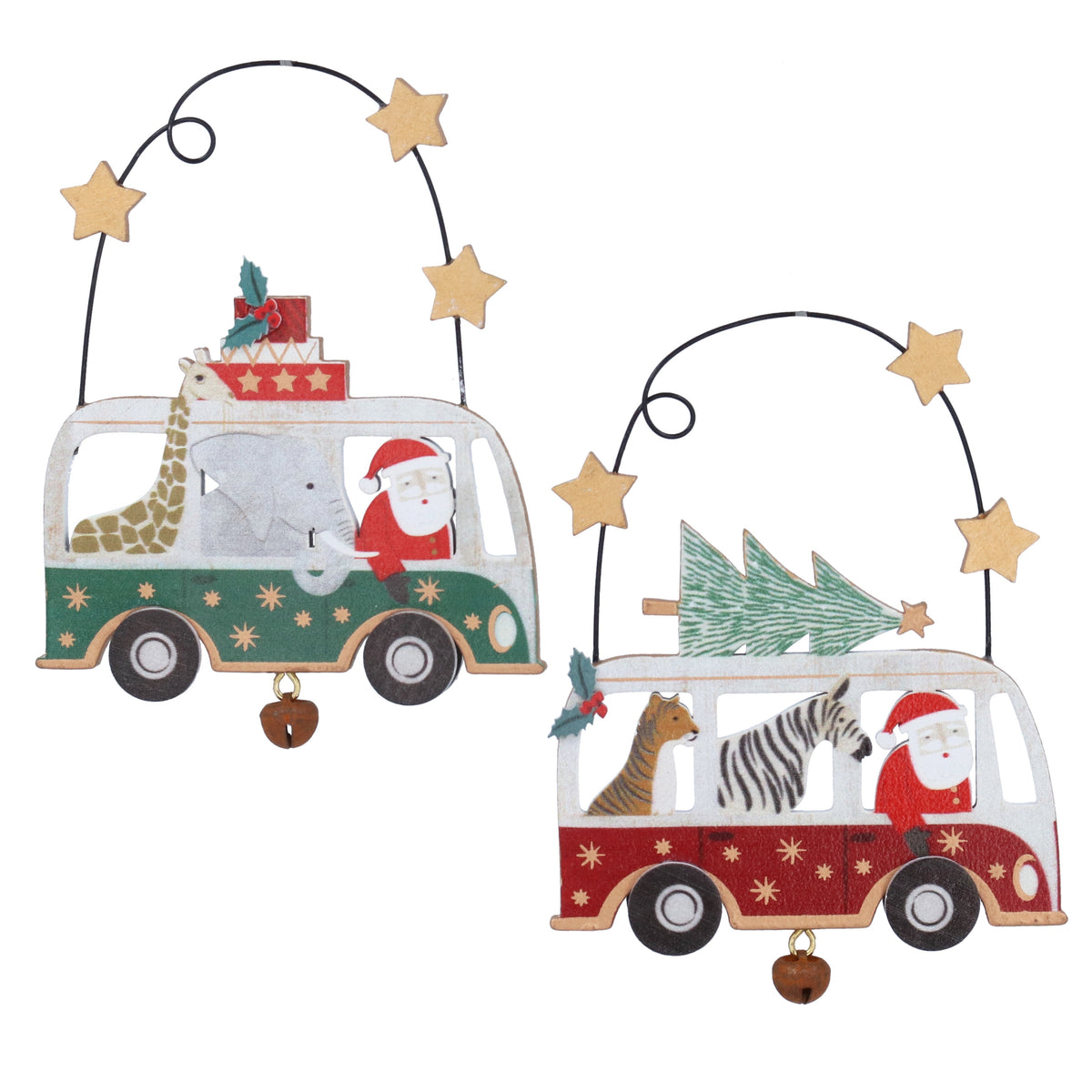 Christmas Hanging Dec: Wood Bus Animals Flat - Assorted Colours - Gisela Graham