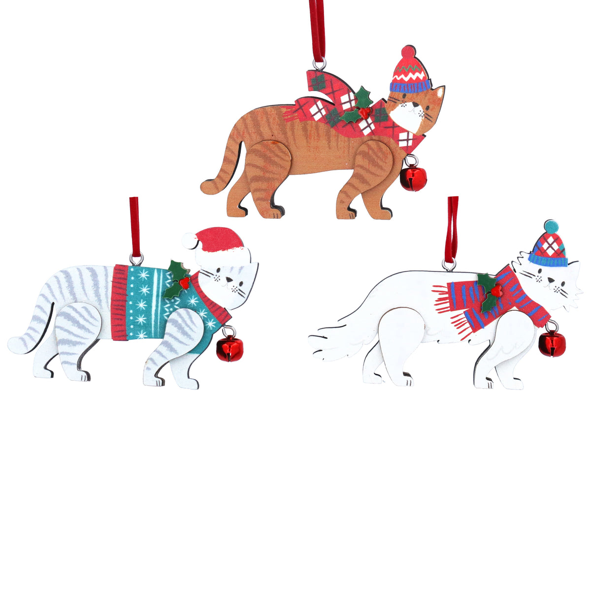 Christmas Hanging Dec: Wood Jolly Cat Hat Flat - Assorted Colours - Gisela Graham