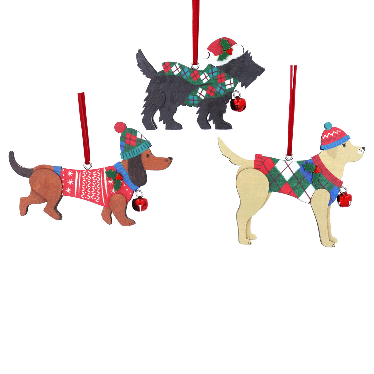 Christmas Hanging Dec: Wood Jolly Dog Hat Flat - Assorted Colours - Gisela Graham