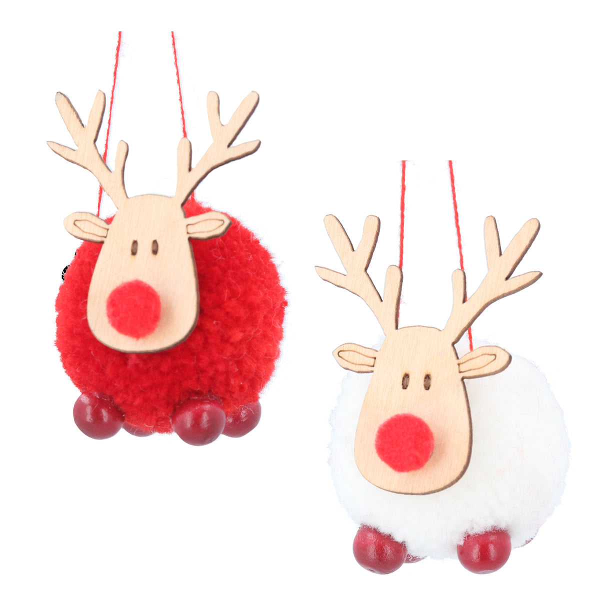 Christmas Hanging Dec: Wool Deer Pom Pom - Red - Gisela Graham