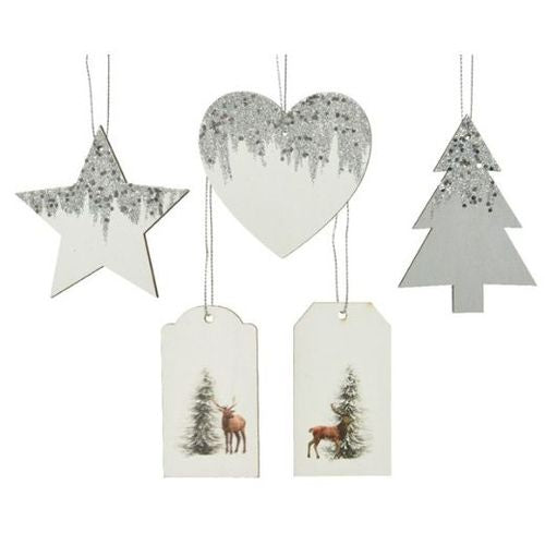 Christmas Tree Decoration: Wood Tag Glitter Deer - Silver