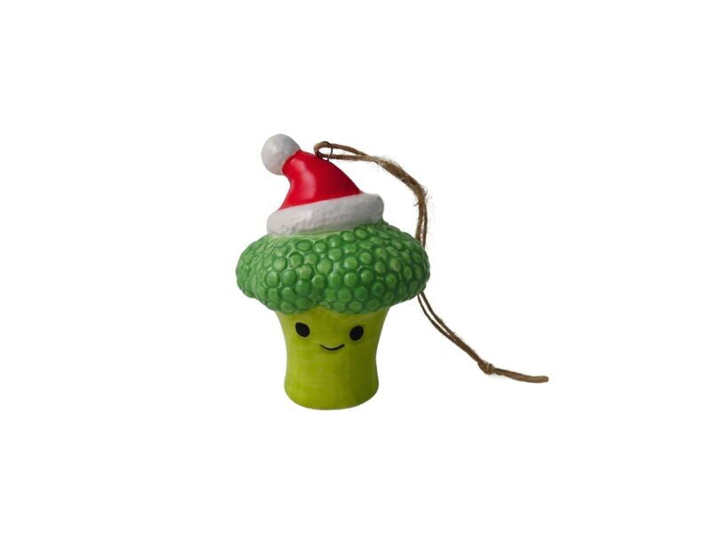 Christmas Tree Decoration: Ceramic Broccoli w Santa Hat - Green - Giftware Trading