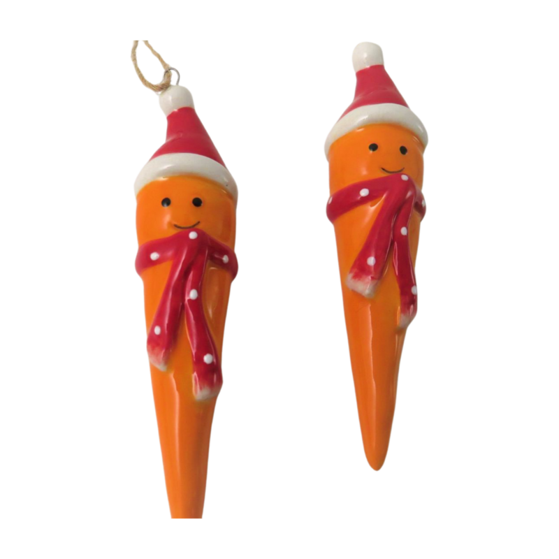 Christmas Tree Decoration: Ceramic Carrot w Santa Hat - Orange- Giftware Trading