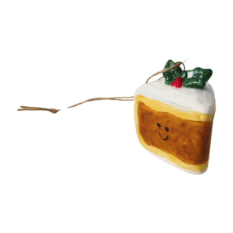 Christmas Tree Decoration: Ceramic Christmas Cake w Holly - Brown - Giftware Trading