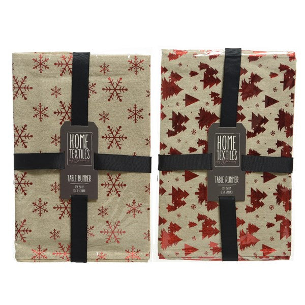 Christmas Tablerunner: Fabric Mettalic Snowflakes - Natural Red