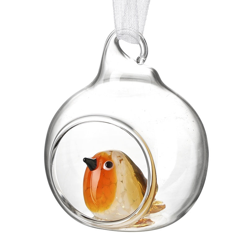 Christmas Tree Decoration: Glass Open Bauble Robin  - Clear - Heaven Sends