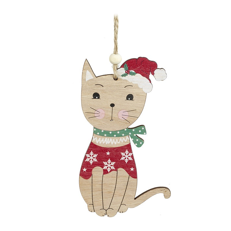 Christmas Tree Decoration: Wood Cat Hat Shaped  - Natural - Heaven Sends