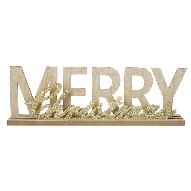 Christmas Ornament: Wood Merry Christmas Glitter- Natural