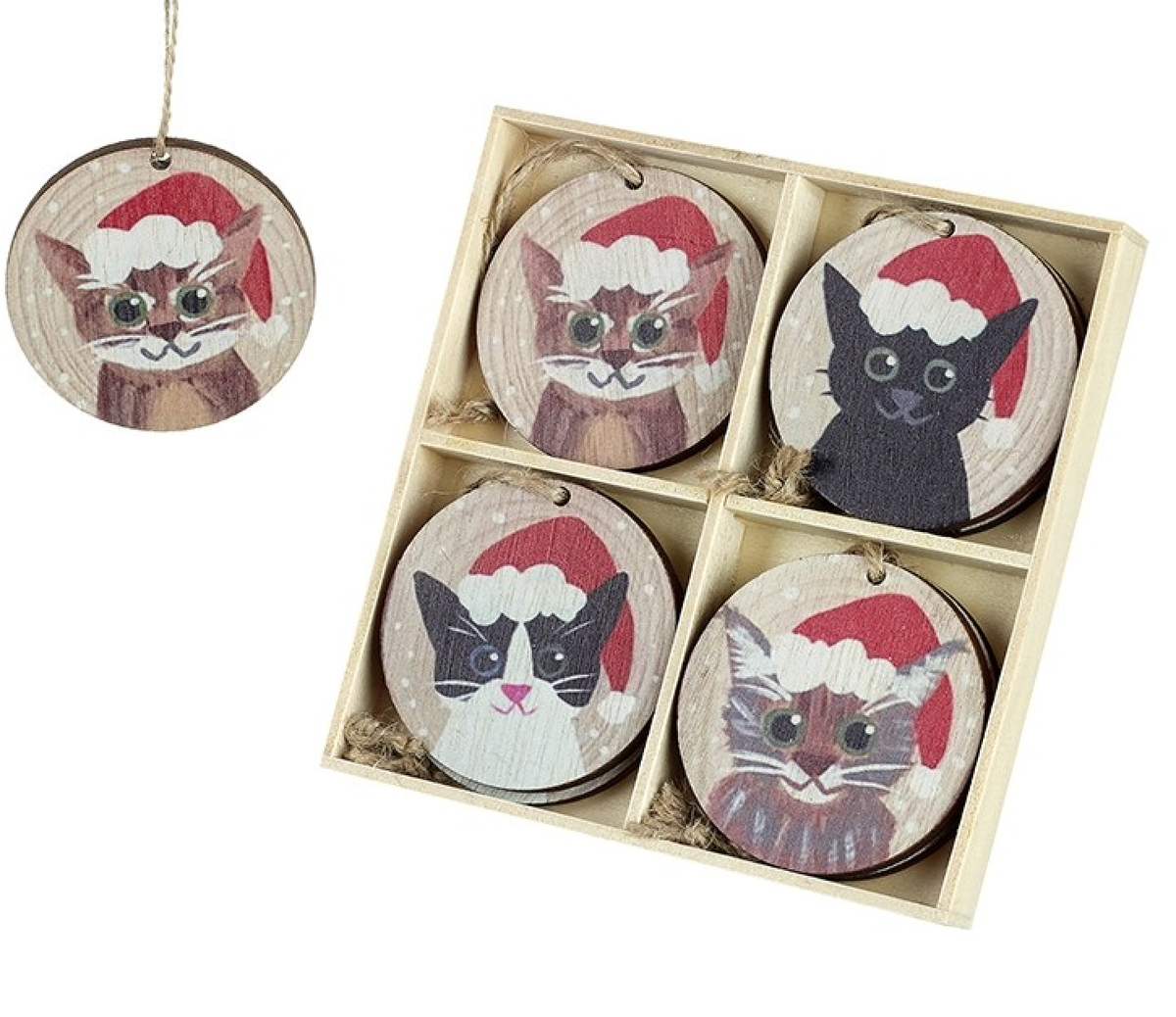 Christmas Tree Decoration: Wood Cat Hat Disc  - Natural - Heaven Sends