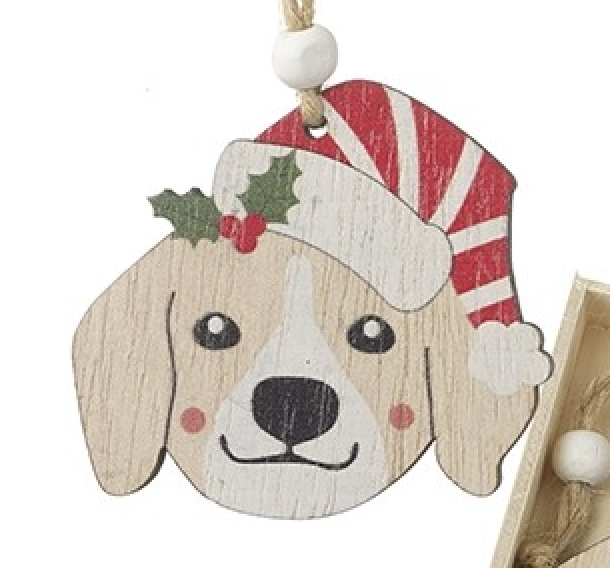 Christmas Tree Decoration: Wood Dog Head Red Hat Cut Out  - Natural - Heaven Sends