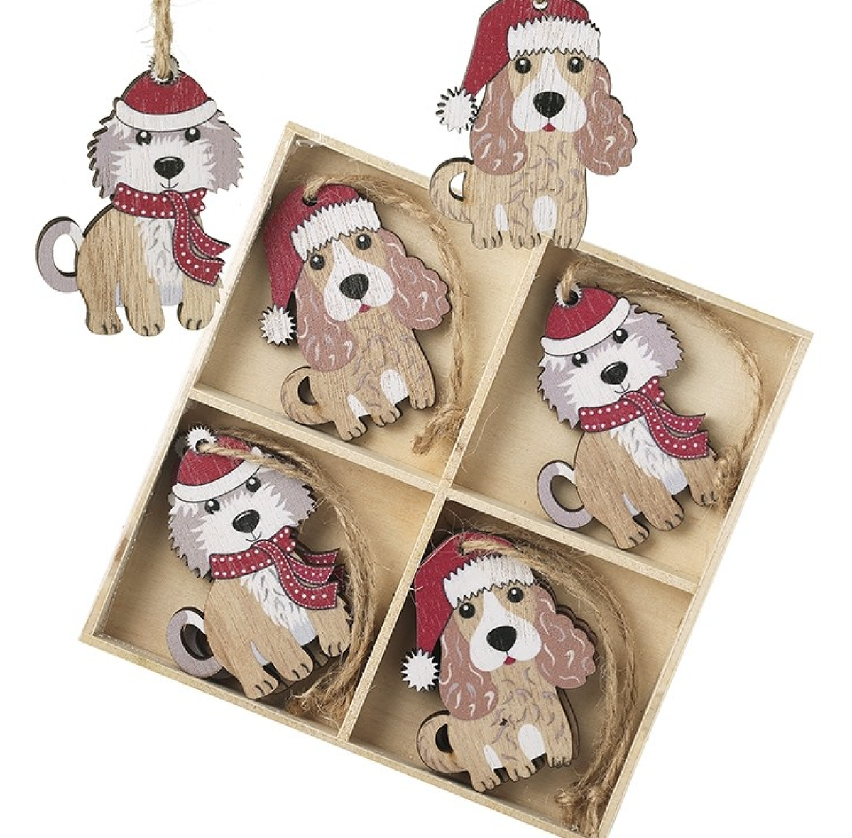 Christmas Tree Decoration: Wood Dog Santa Hat  - Natural - Heaven Sends