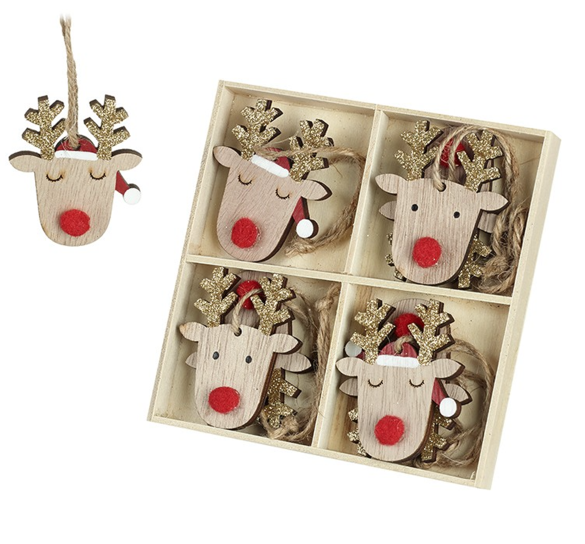 Christmas Tree Decoration: Wood Reindeer Red Nose Gold Antlers  - Natural - Heaven Sends