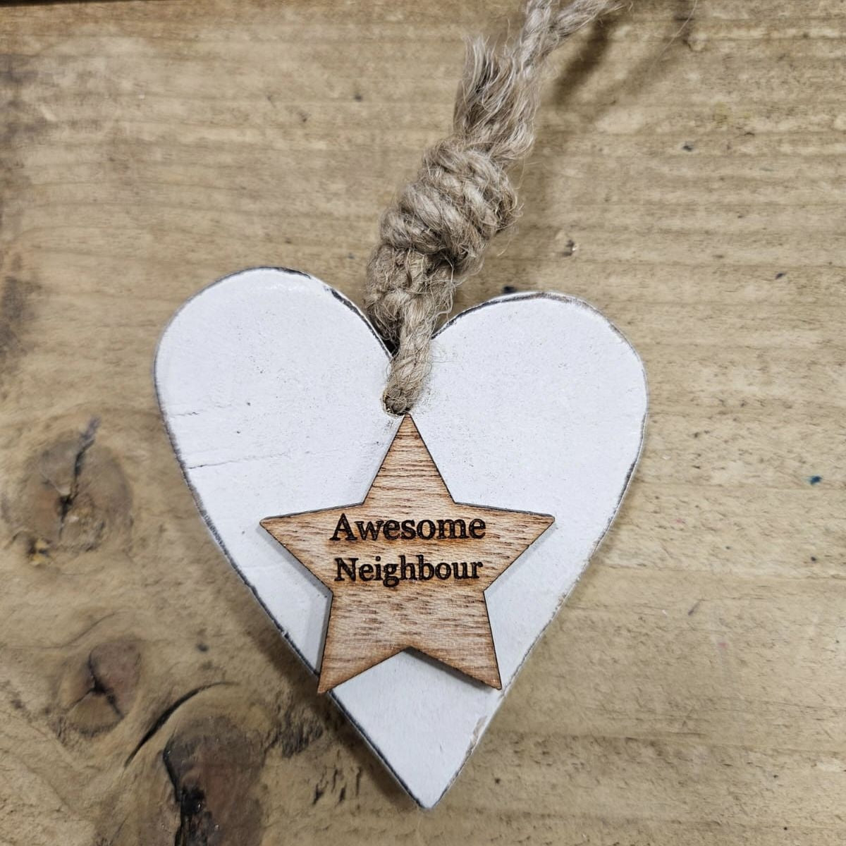 Chunky Awesome Neighbour Heart Hanging Sentiment Decoration - White w Natural - Star TAg
