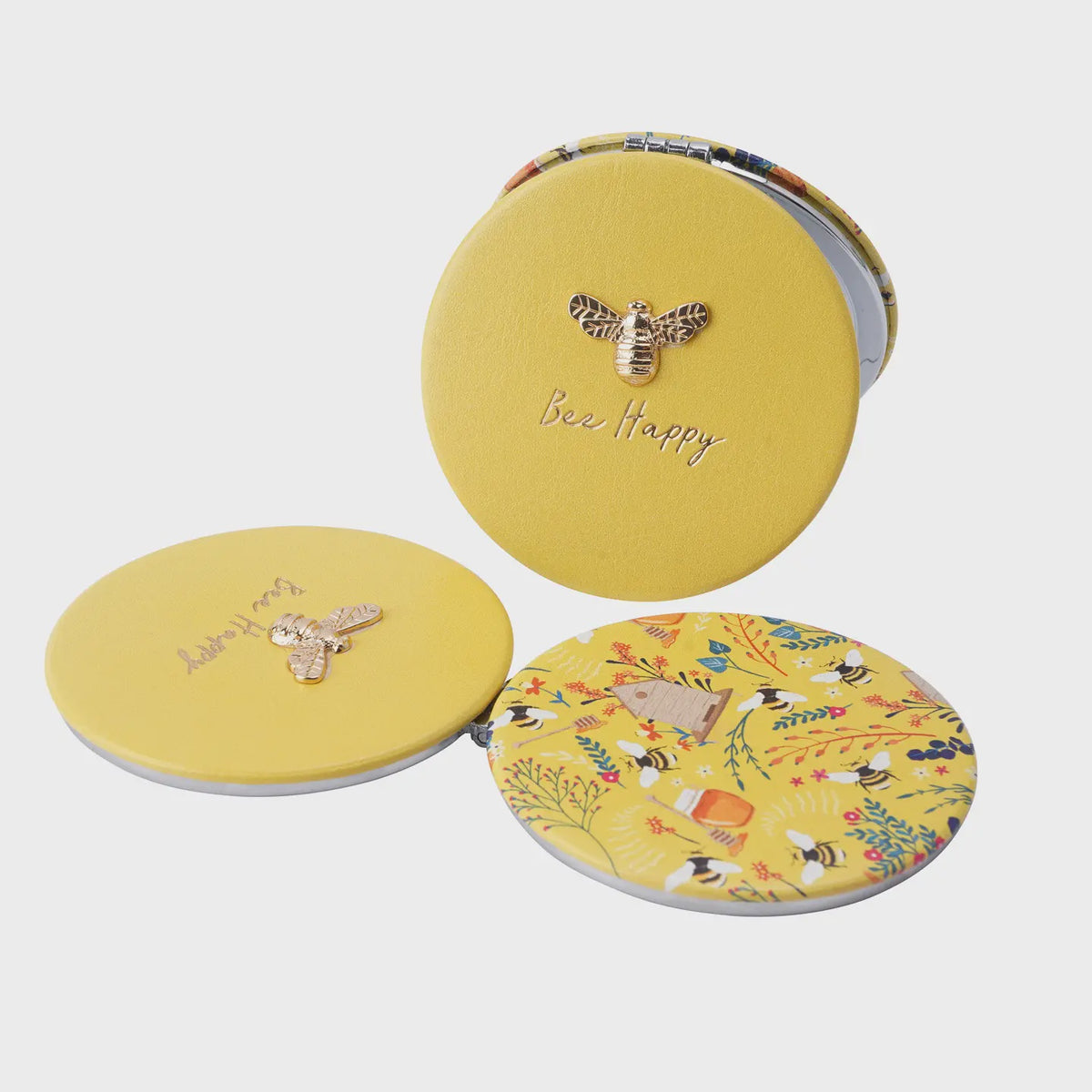 Compact Mirror: Leatherette Bee Gold Foil Bee Happy Floral Back - Yellow