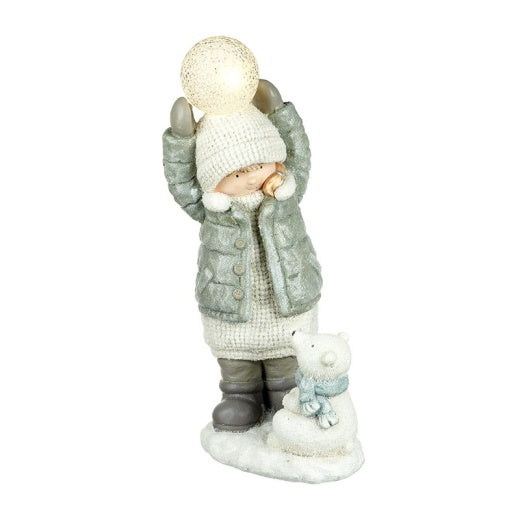 Christmas LED Character: Ceramic Standing Girl Polar Bear LED Ball - Grey & White
