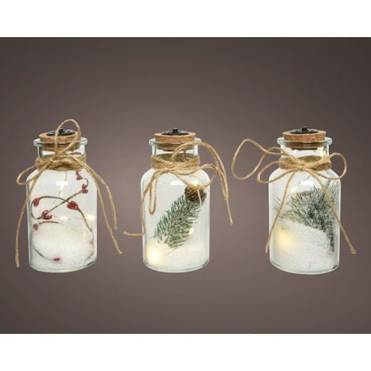 Christmas LED Ornament: Glass Jar Snow Berry Fern - Natural