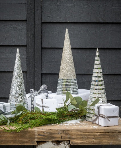 Christmas Ornament: Mirrored Cone Trees Assorted Designs - Silver
