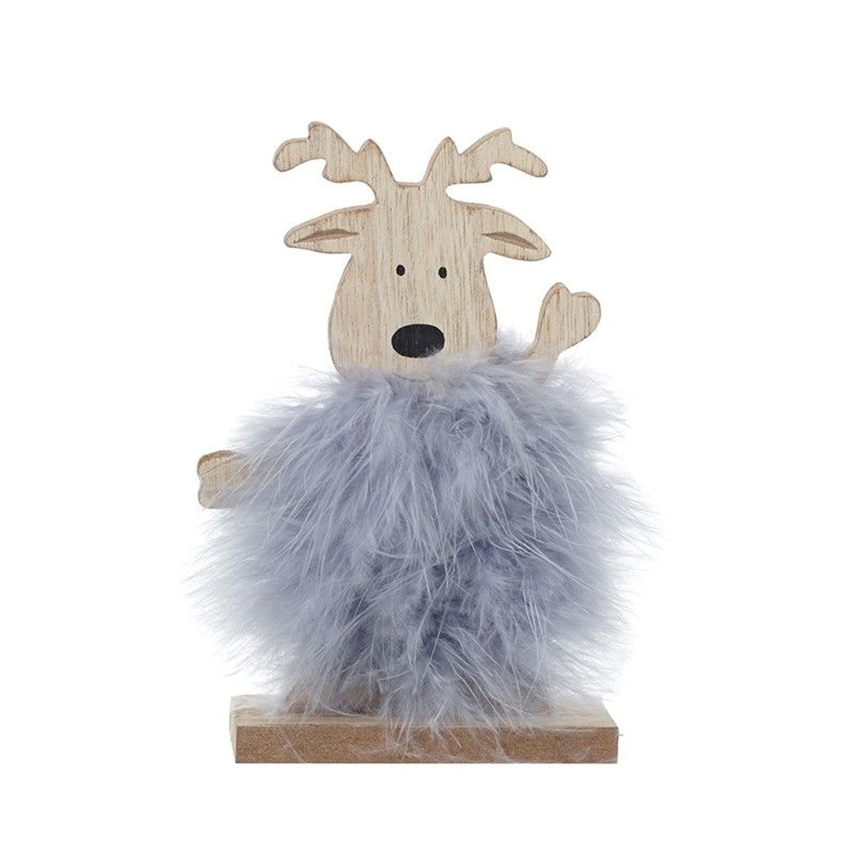 Christmas Ornament: Wood Fluffy Reindeer Waving - Natural & Grey