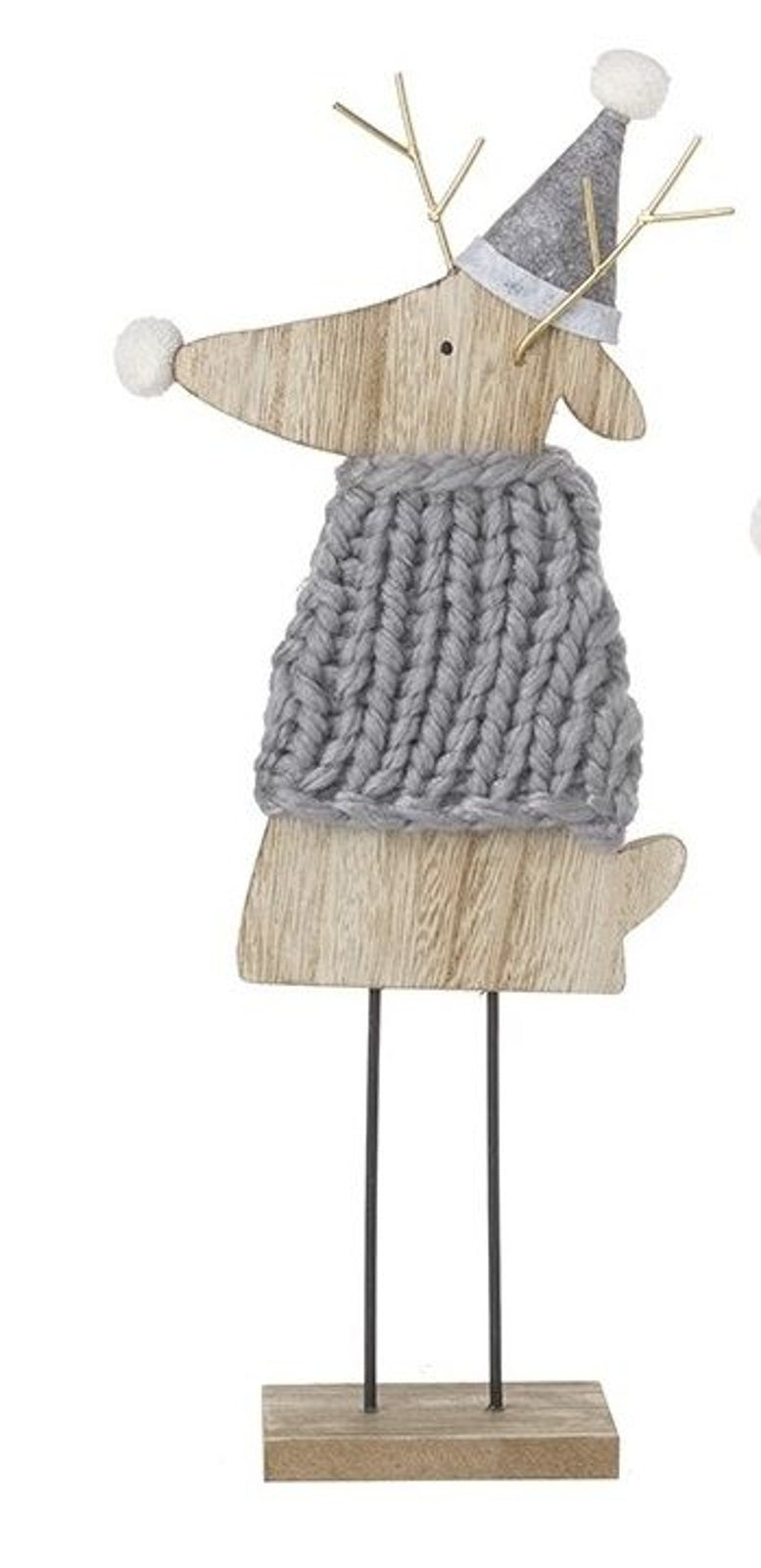 Christmas Ornament: Wood Standing Reindeer in Jumper Large - Grey & Natural