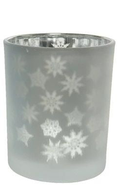Christmas Tealight Holder: Glass frosted Snowflakes - Grey