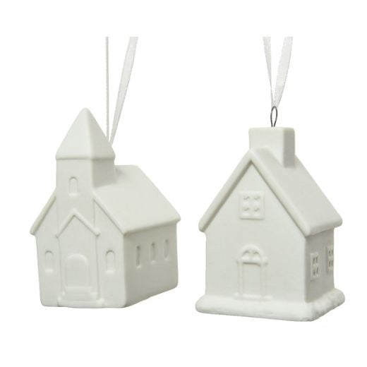 Christmas Tree Decoration: Ceramic Church - White