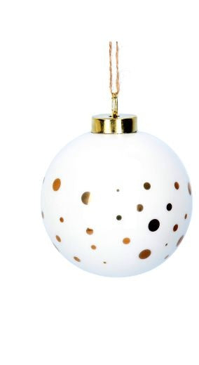 Christmas Tree Decoration: Ceramic Bauble Glitter Spots - Gold & White