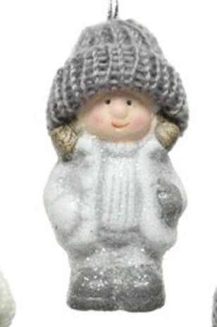 Christmas Tree Decoration: Ceramic Figure Girl Hat Jacket Glitter - White