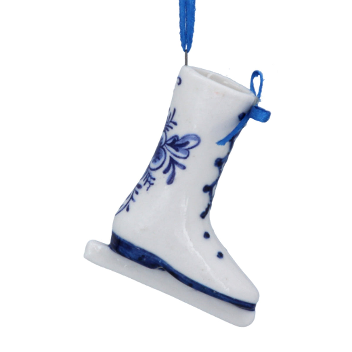Christmas Tree Decoration: Ceramic Skating Boot Snowflake Design - White & Blue