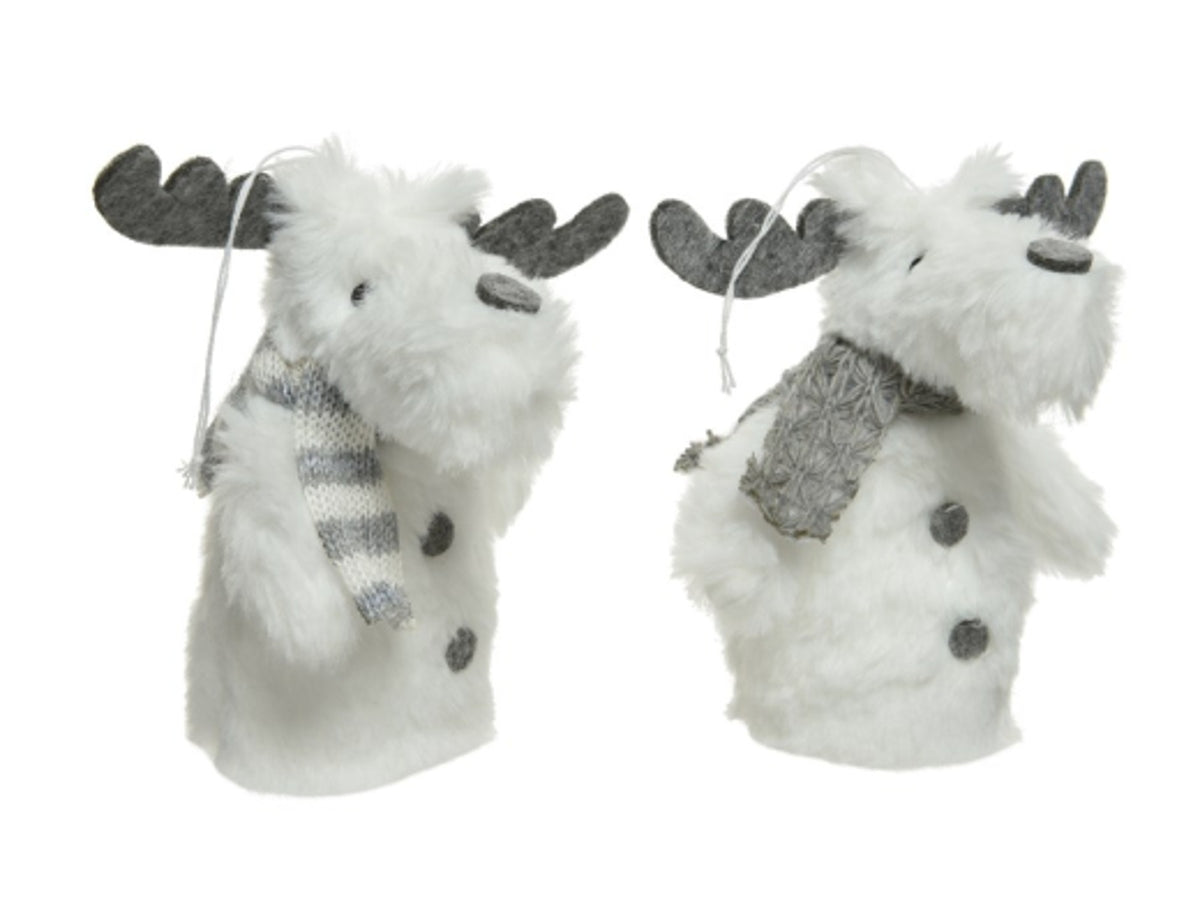 Christmas Tree Decoration: Fabric Deer Assorted w Glitter Scarf - White & Grey