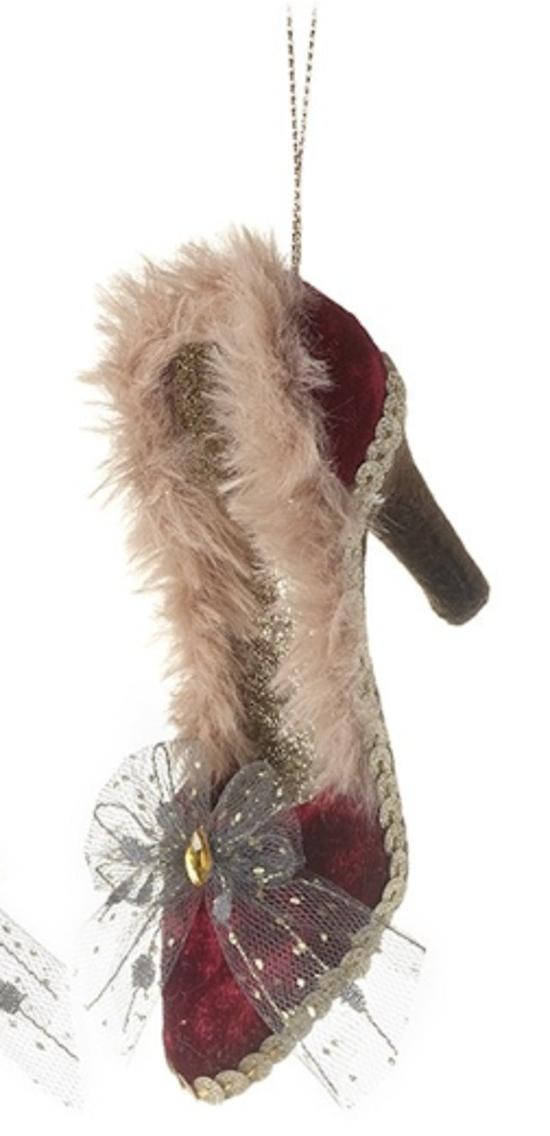 Christmas Tree Decoration: Fabric Shoe Fur Lined Glitter Border Gem Sparkle DECADANCE - Wine