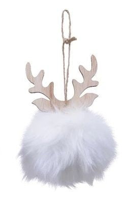 Christmas Tree Decoration: Faux Fur Pom Pom Antlers - White