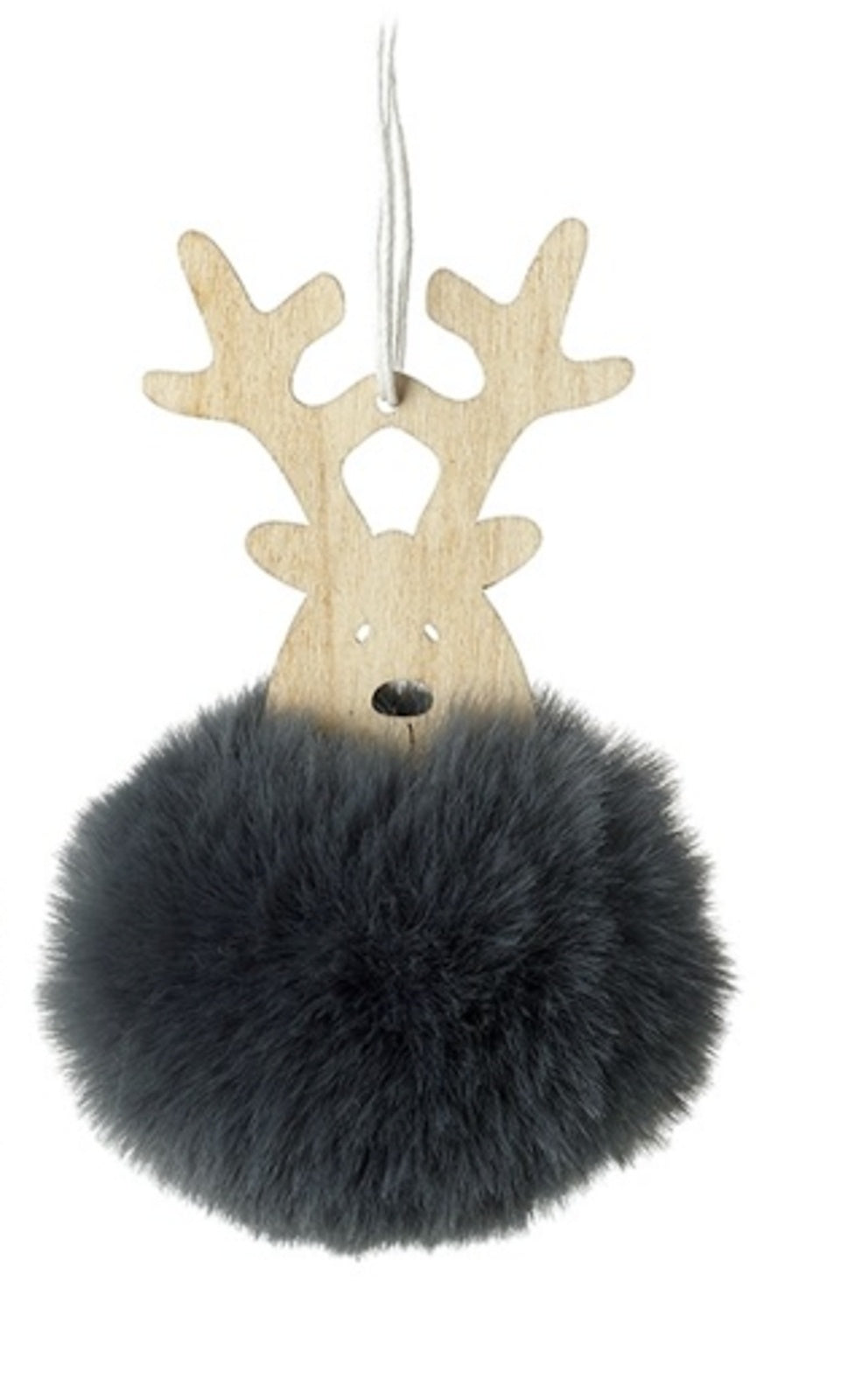 Christmas Tree Decoration: Faux Fur Pompom Reindeer Head - Dark Grey