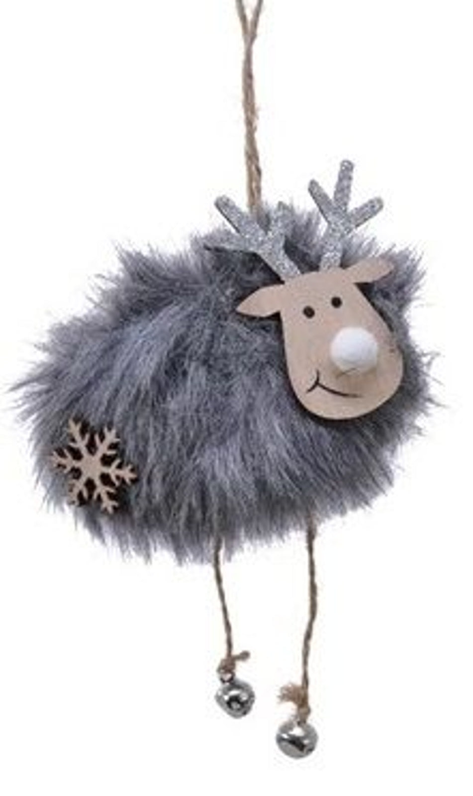 Christmas Tree Decoration: Faux Fur Reindeer Glitter Antlers Snowflake Rope Legs Bell - Grey