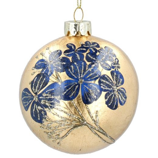 Christmas Tree Decoration: Glass Bauble Blue Flowers Gold - Gisela Graham