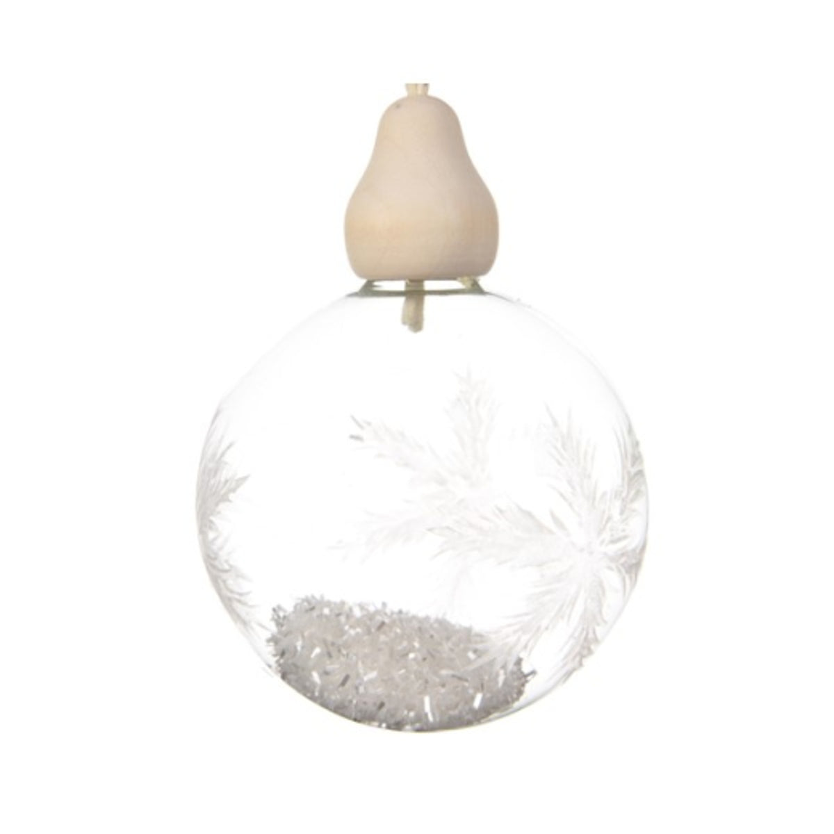 Christmas Tree Decoration: Glass Bauble Filled Snow White Snowflake Wood Hanger - White
