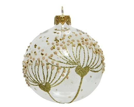 Christmas Tree Decoration: Glass Bauble Glitter Dandelion - Clear & Gold