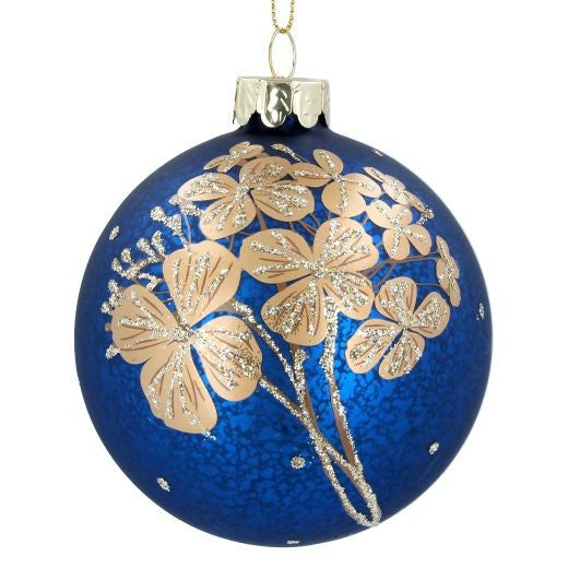 Christmas Tree Decoration: Glass Bauble Gold Flowers Blue - Gisela Graham