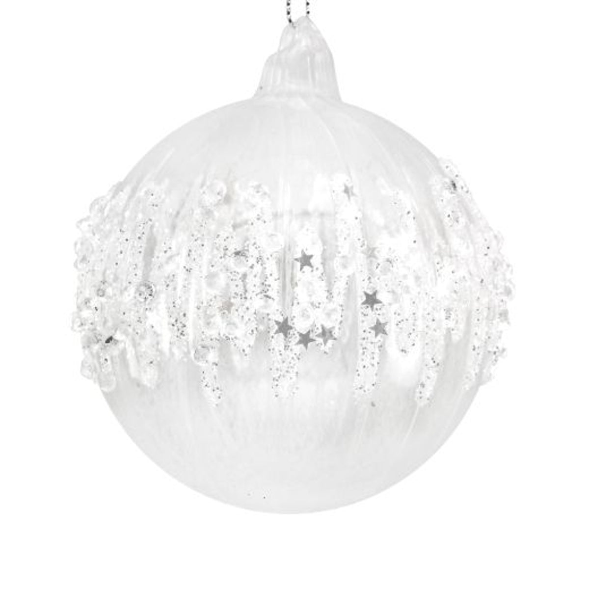 Christmas Tree Decoration: Glass Bauble Irid Icicle Band - White - Gisela Graham