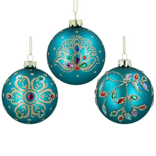 Christmas Tree Decoration: Glass Bauble Jewel  Flower Design Teal - Gisela Graham