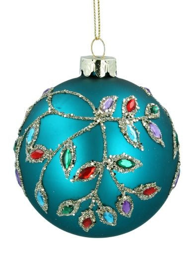 Christmas Tree Decoration: Glass Bauble Jewel Leaf Design Teal - Gisela Graham