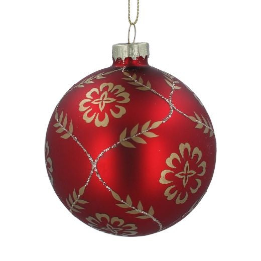 Christmas Tree Decoration: Glass Bauble Matt Gold Floral Red - Gisela Graham