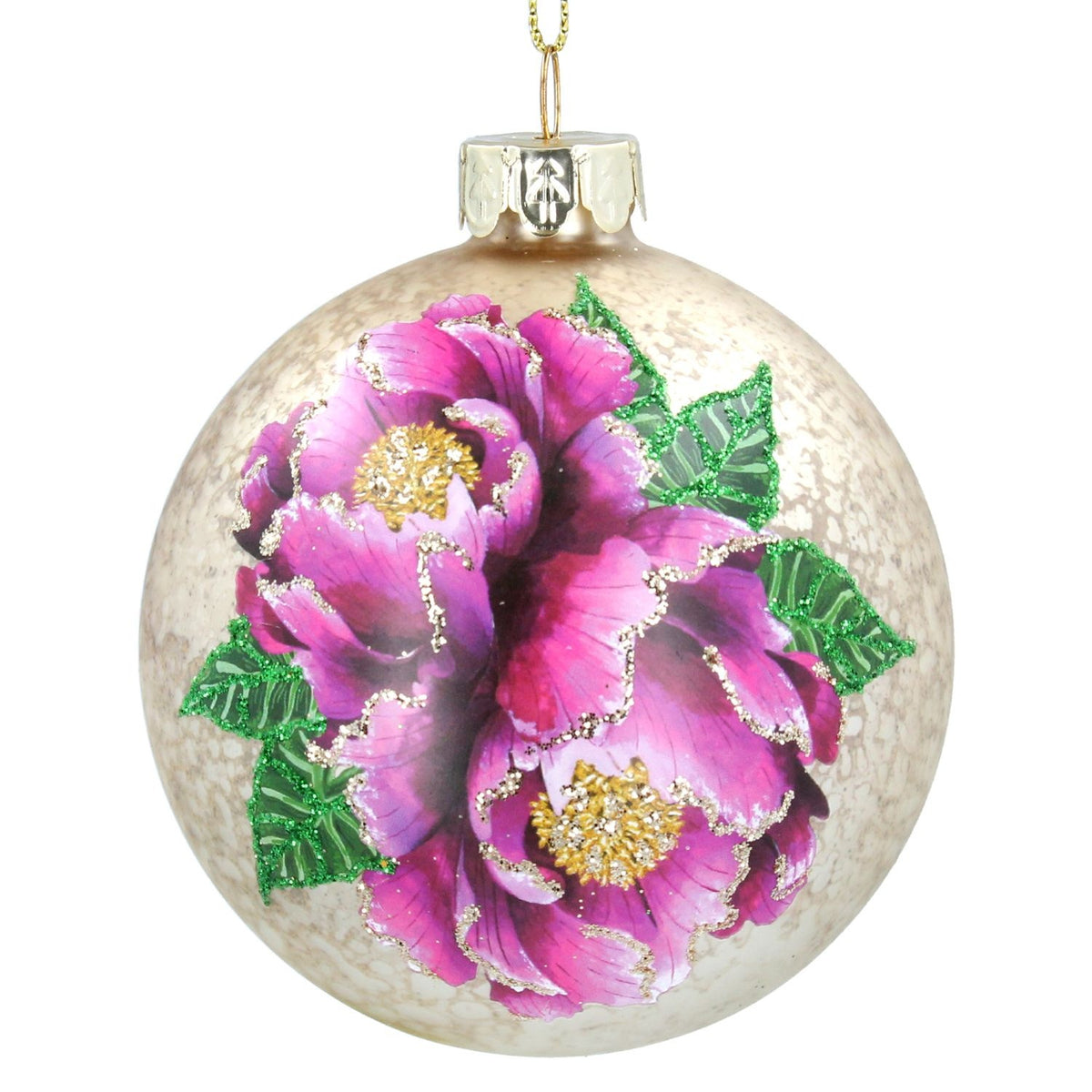 Christmas Tree Decoration: Glass Bauble Matt Gold Flowers - Pink  - Gisela Graham