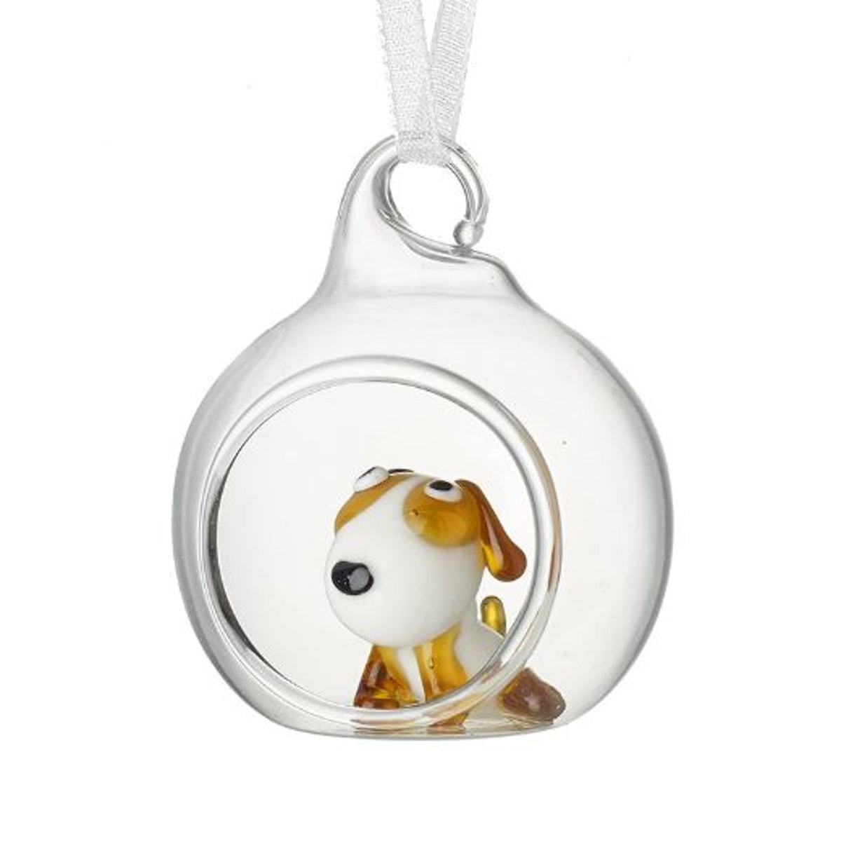 Christmas Tree Decoration: Glass Bauble Open Dog Inside Mini - Clear Brown  - Heaven Sends
