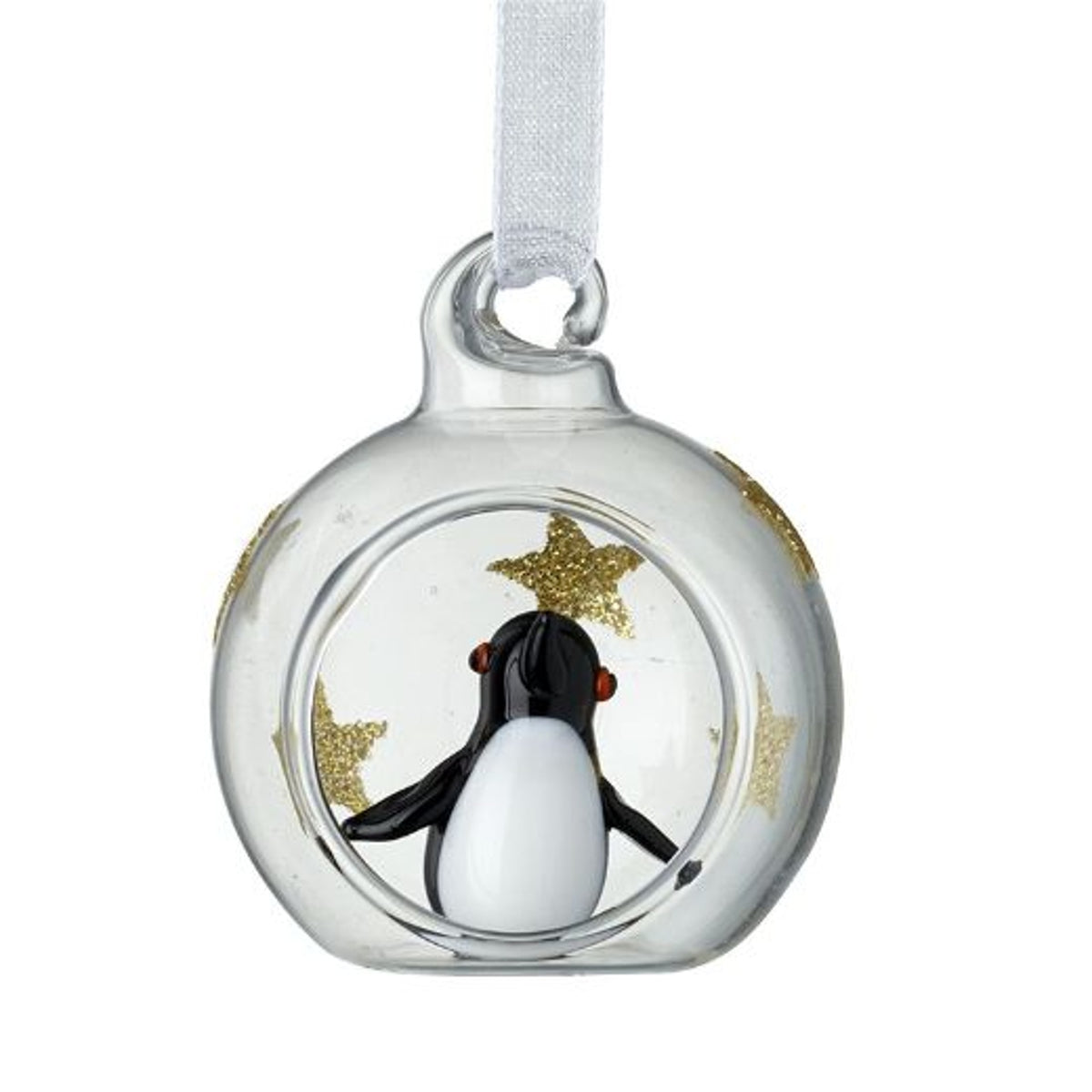 Christmas Tree Decoration: Glass Bauble Open  Penguin Inside Mini  - Clear Black - Heaven Sends