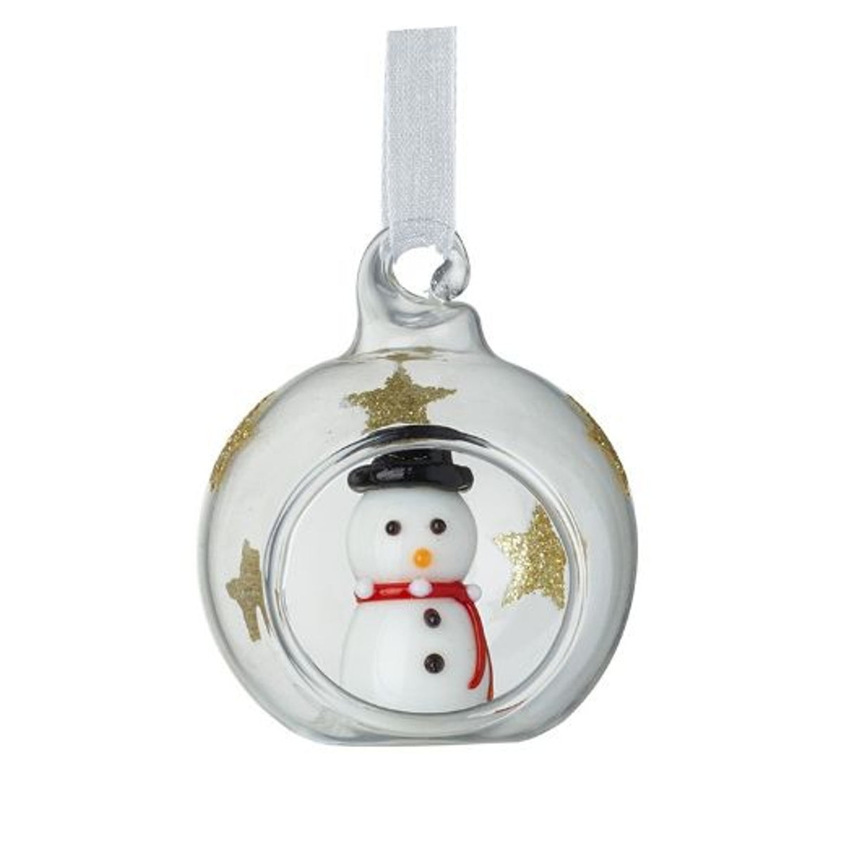 Christmas Tree Decoration: Glass Bauble Open  Snowman Inside Mini  - Clear White - Heaven Sends