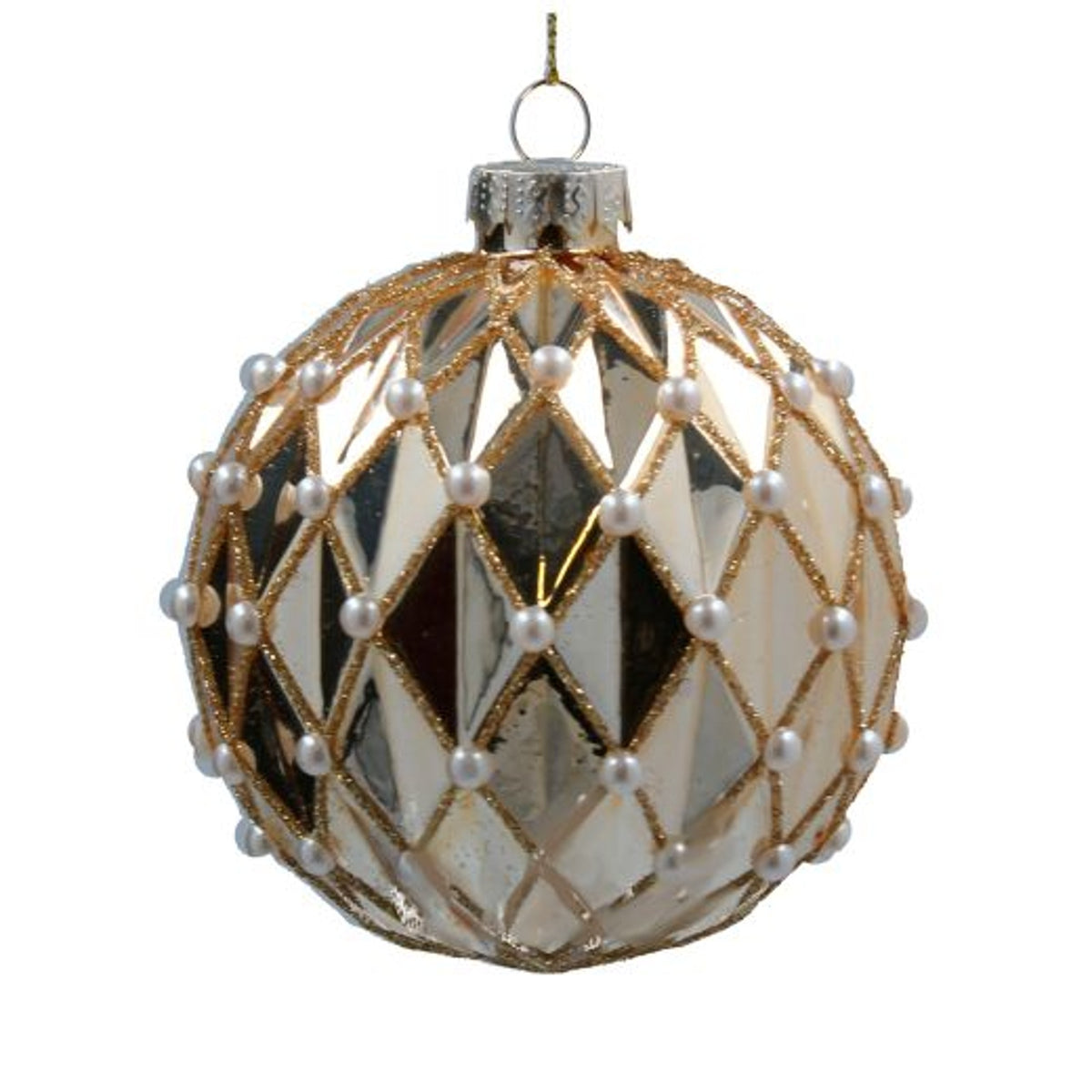 Christmas Tree Decoration: Glass Bauble Pearl Mirror Harlequin Silver & Gold - Gisela Graham