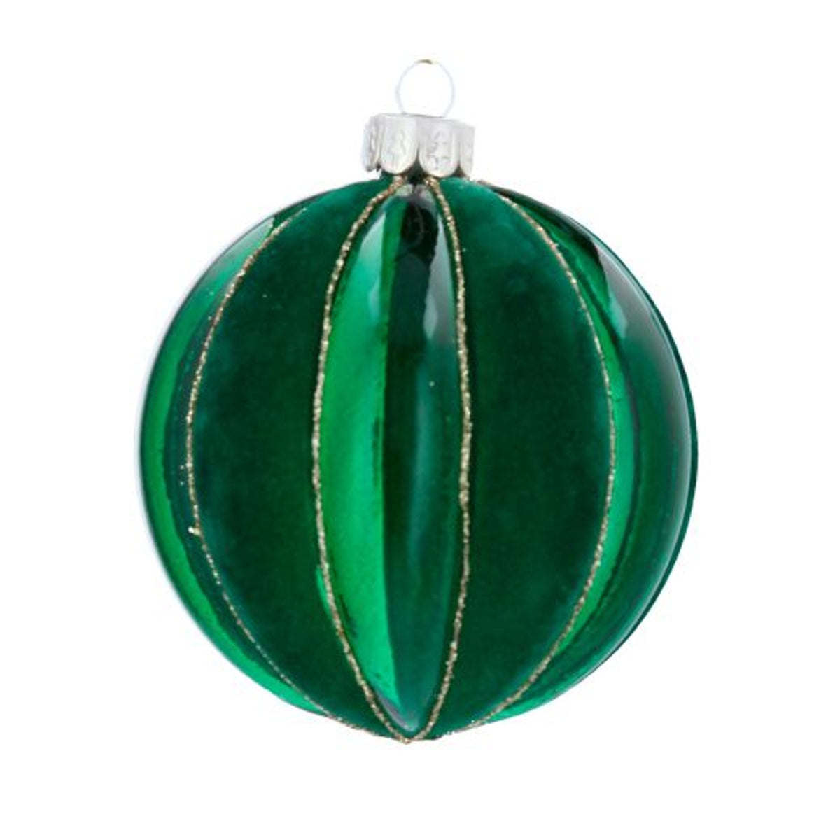 Christmas Tree Decoration: Glass Bauble Ribbed Green & Gold - Gisela Graham