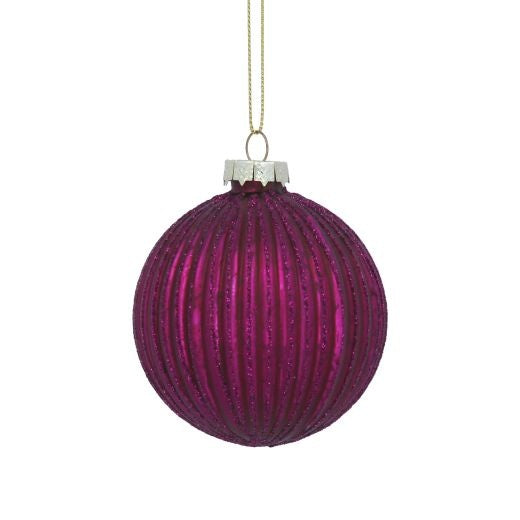 Christmas Tree Decoration: Glass Bauble Ribbed - Magenta Pink - Gisela Graham
