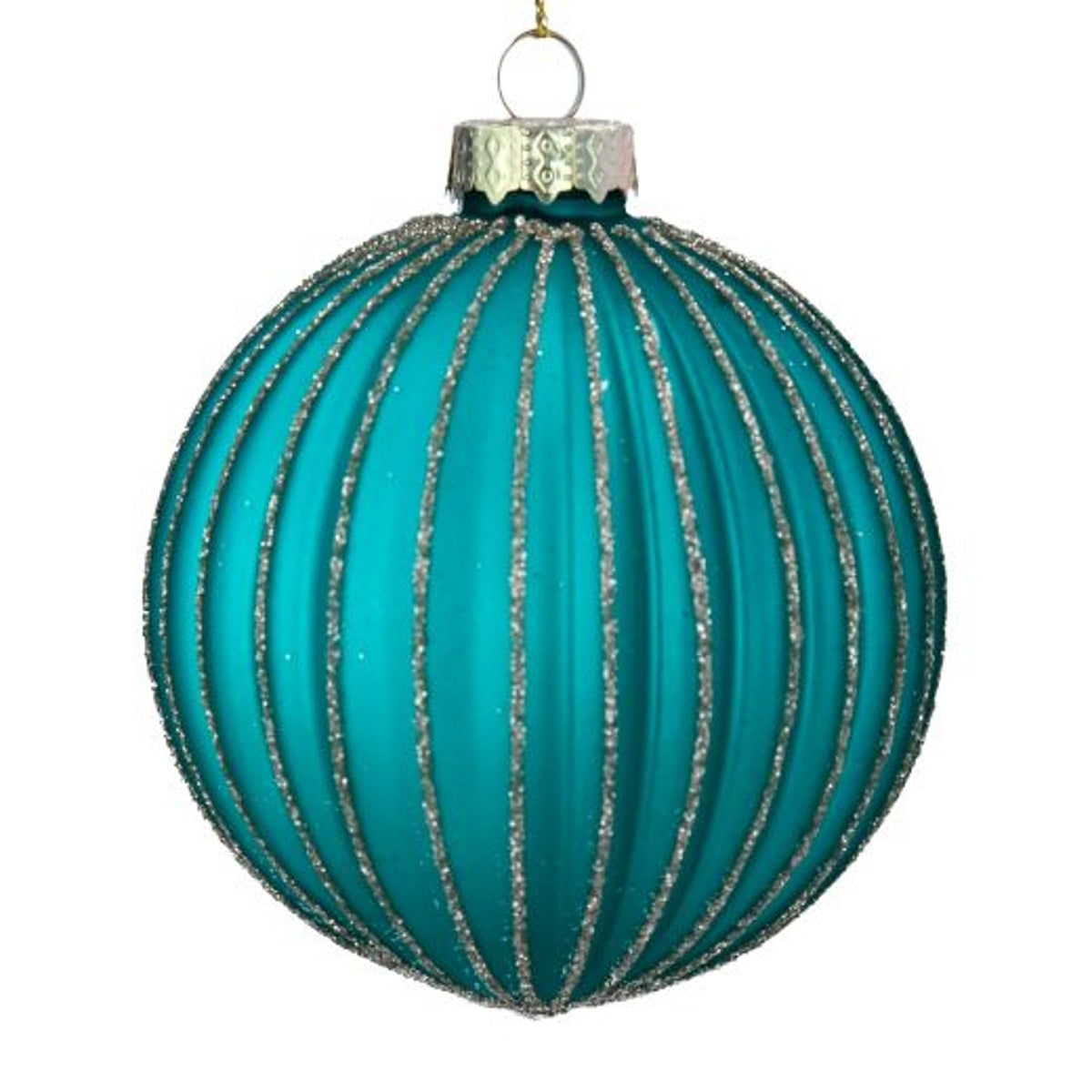 Christmas Tree Decoration: Glass Bauble Ribbed Sparkling Stripes - Turquoise Blue - Gisela Graham